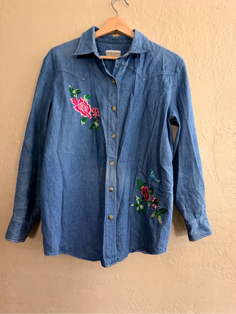 Coldwater Creek Blue Denim Button-Down Shirt with Pink & Green Floral Embroidery